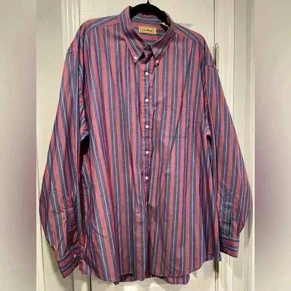 VTG L.L. Bean 80s Men’s Pointed Collar Striped Cotton Red Blue Button Down XXL T - Picture 1 of 11
